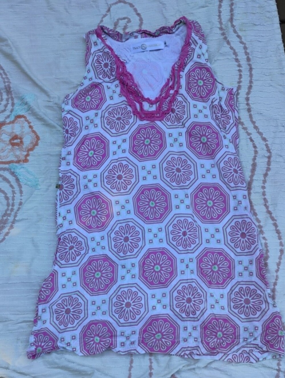 Tracy Negoshian Pink and White Ruffle V-Neck Tank Dress, Size M,  Cotton